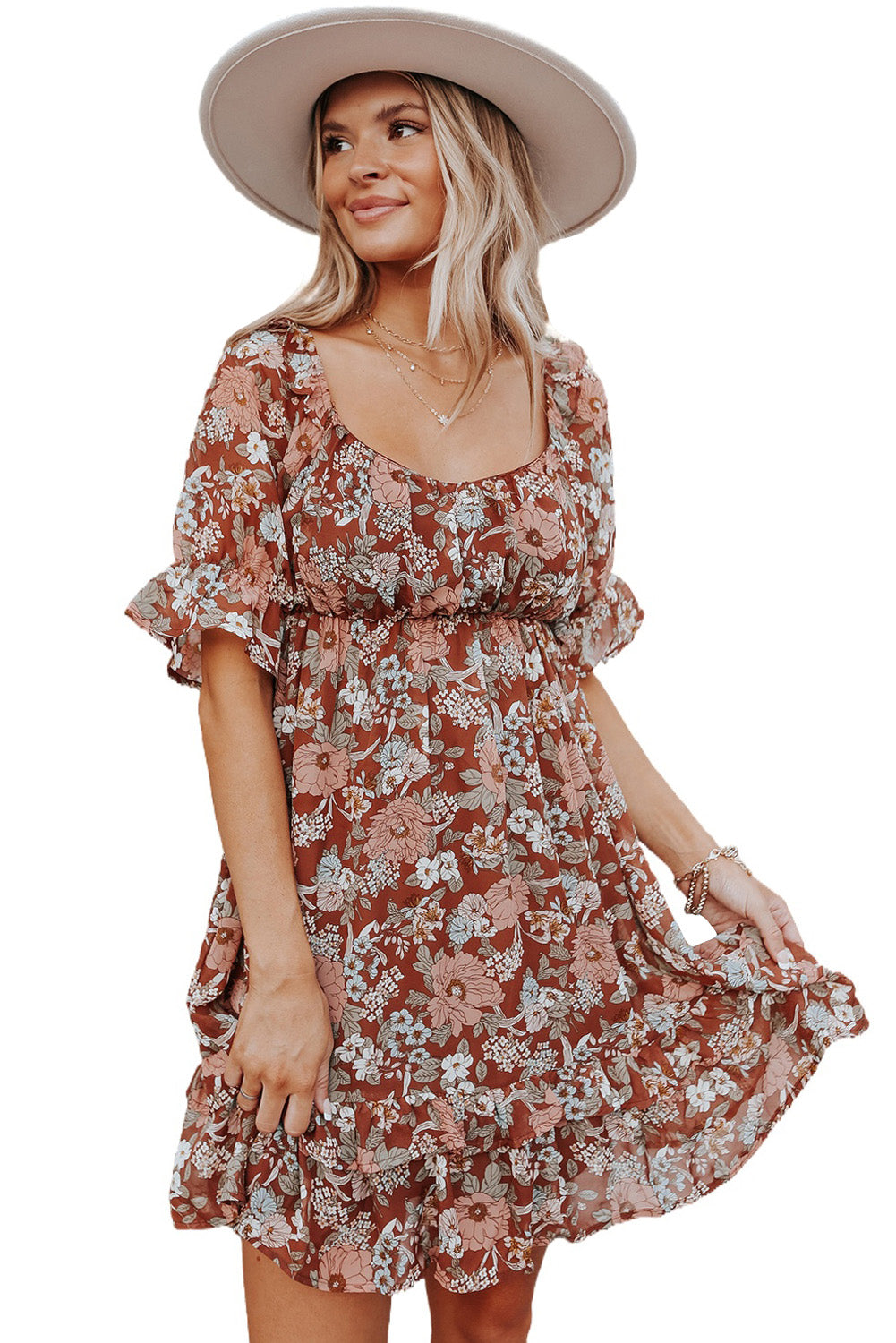 Square Neck Puff Sleeve Floral Mini Dress