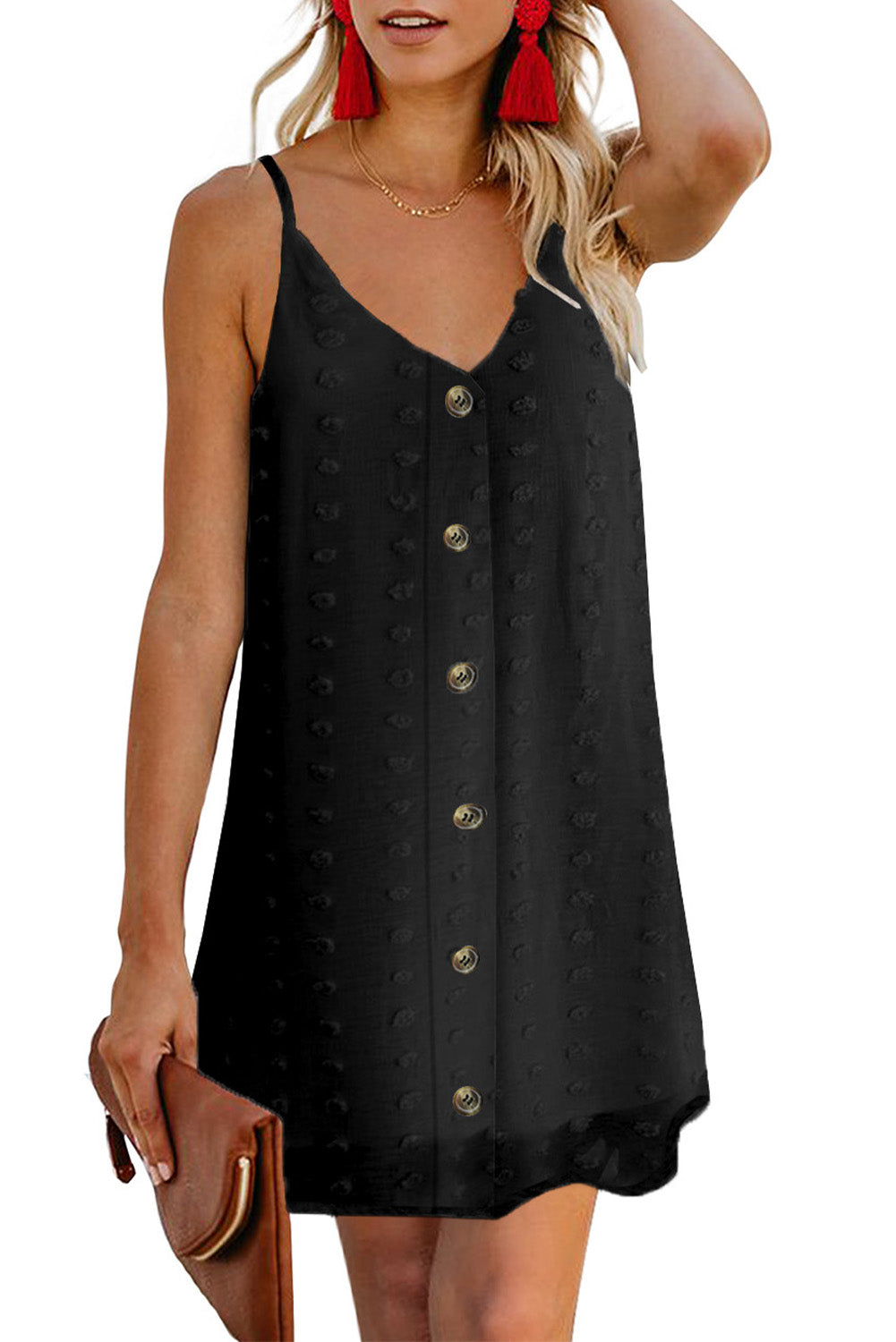 Swiss Dot Buttons Spaghetti Strap Mini Dress