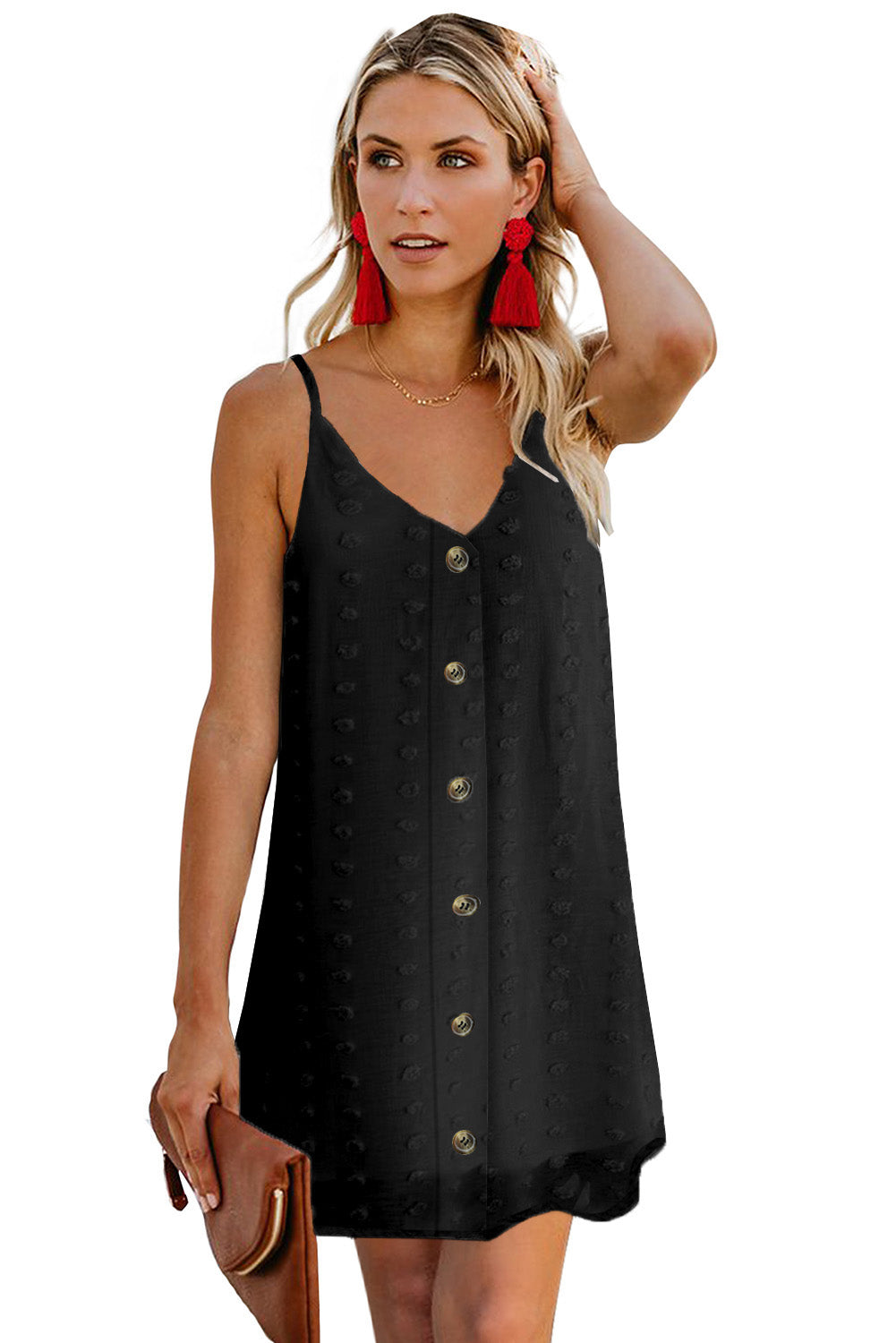 Swiss Dot Buttons Spaghetti Strap Mini Dress