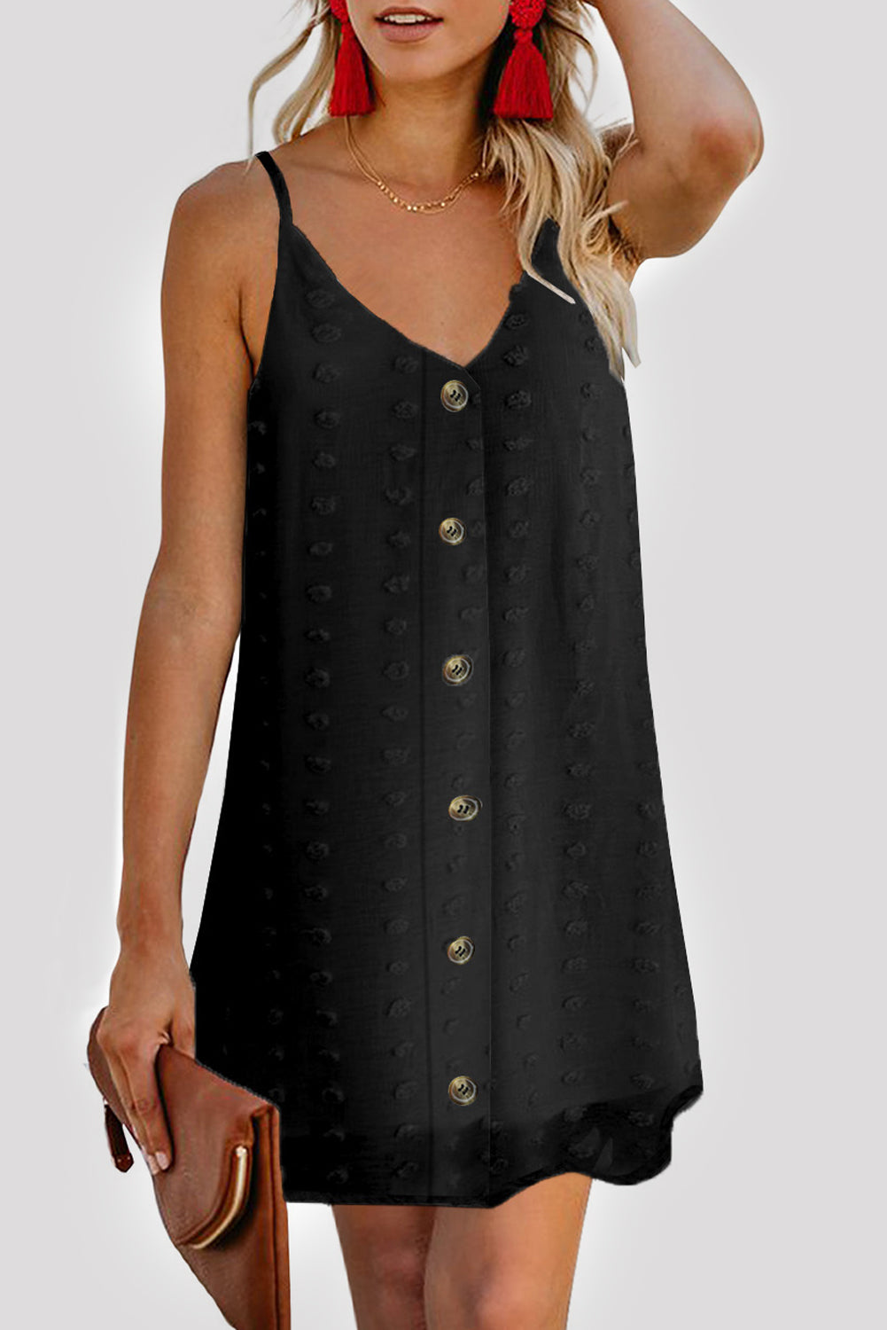 Swiss Dot Buttons Spaghetti Strap Mini Dress