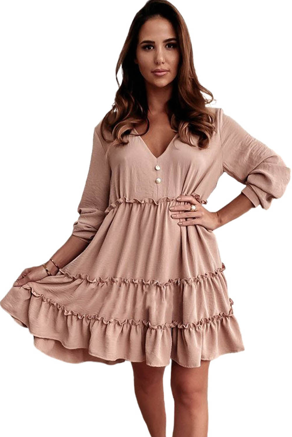 V Neck Frilled Tiered Flowy Mini Dress