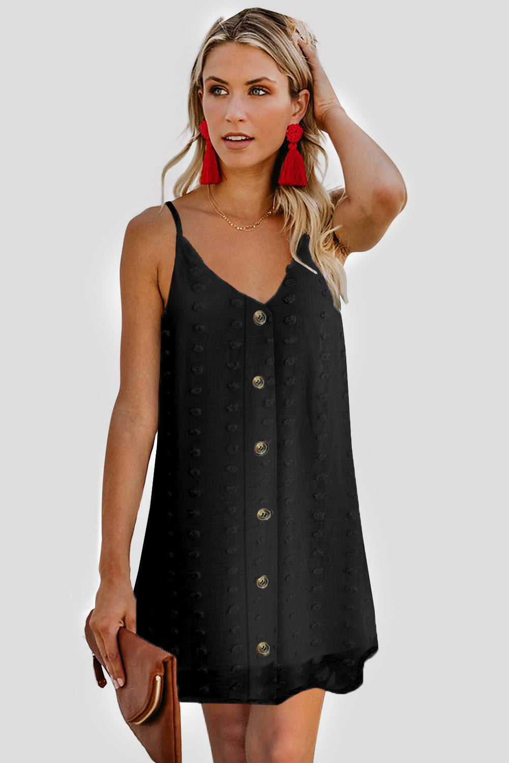 Swiss Dot Buttons Spaghetti Strap Mini Dress