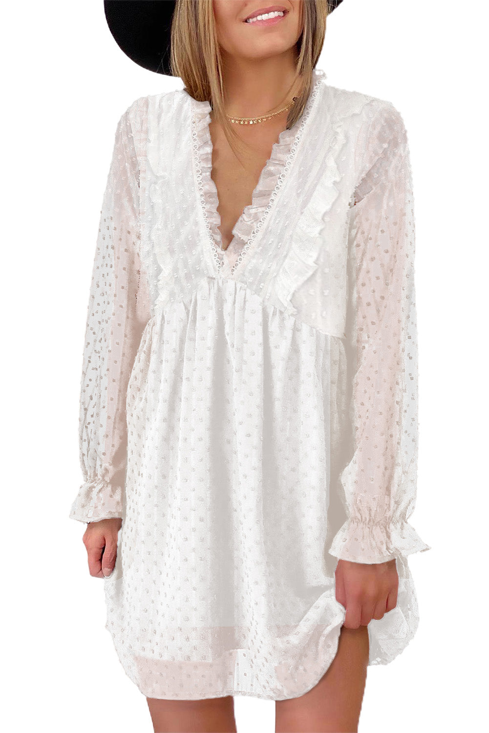 Swiss Dot Ruffle V Neck Mini Dress