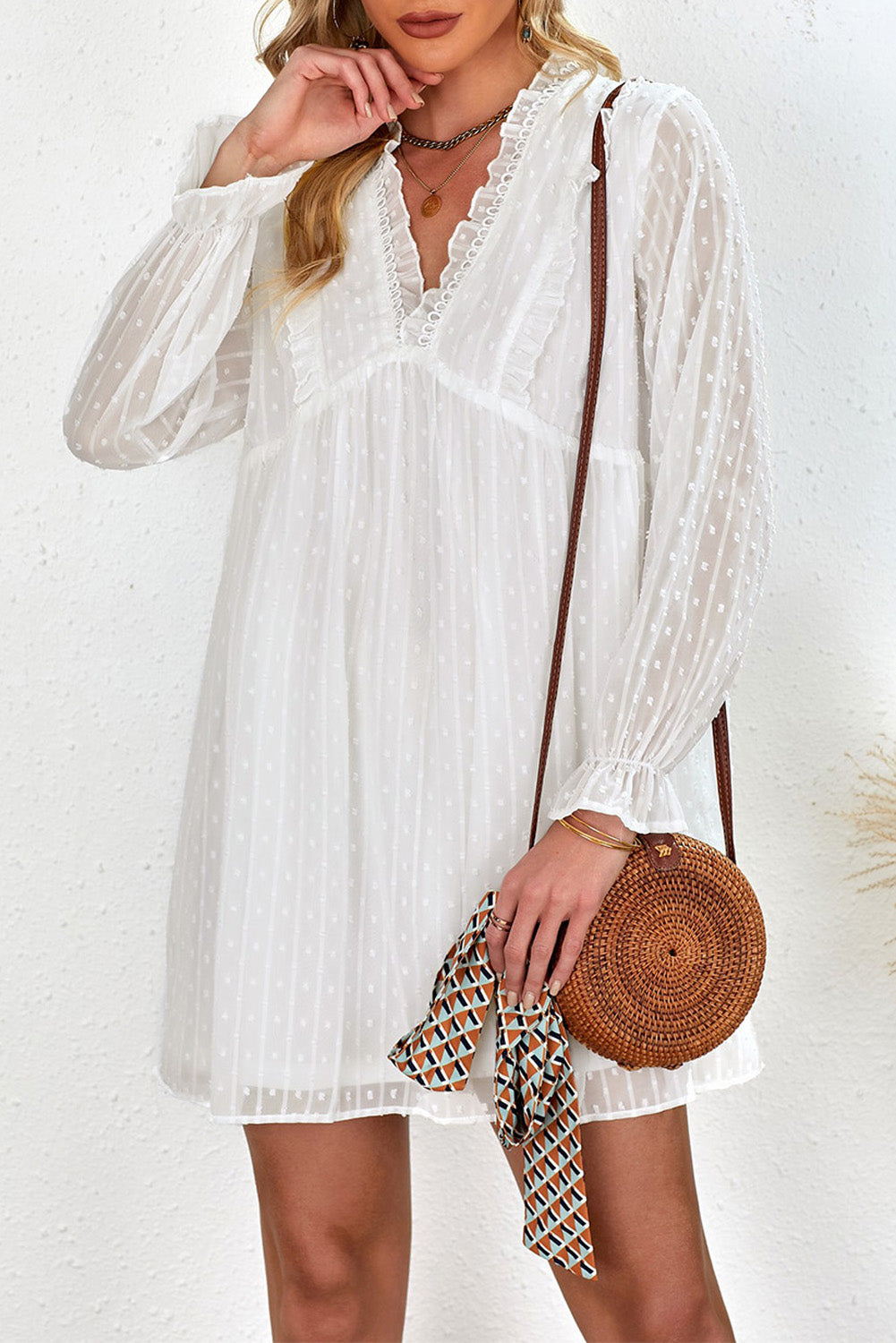 Swiss Dot Ruffle V Neck Mini Dress