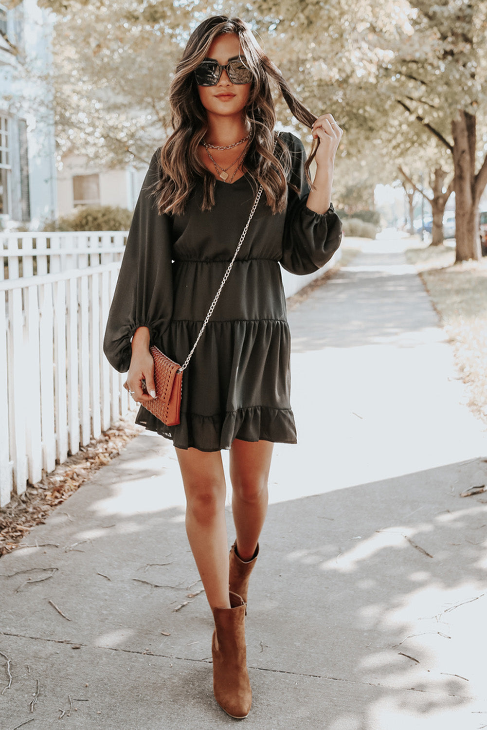 Tiered Ruffle Balloon Sleeve Mini Dress