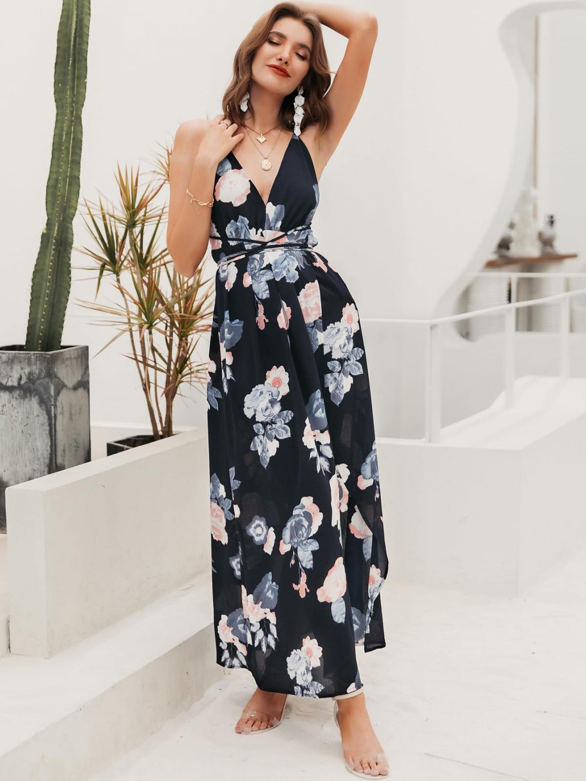 Tie Front Backless Wrap Floral Dress