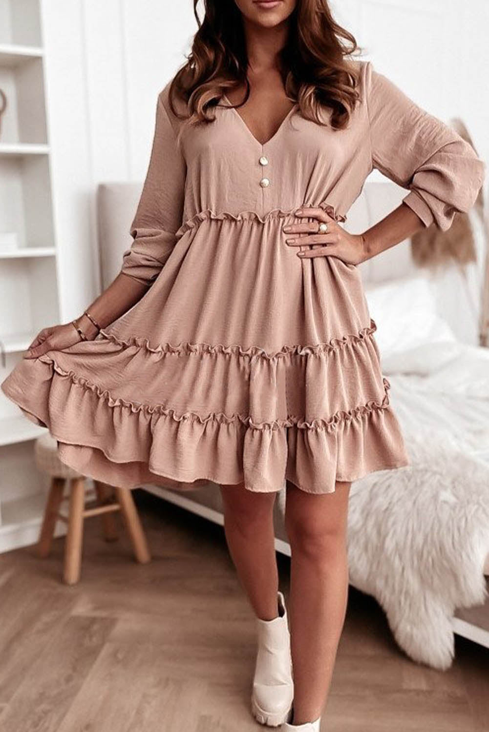 V Neck Frilled Tiered Flowy Mini Dress