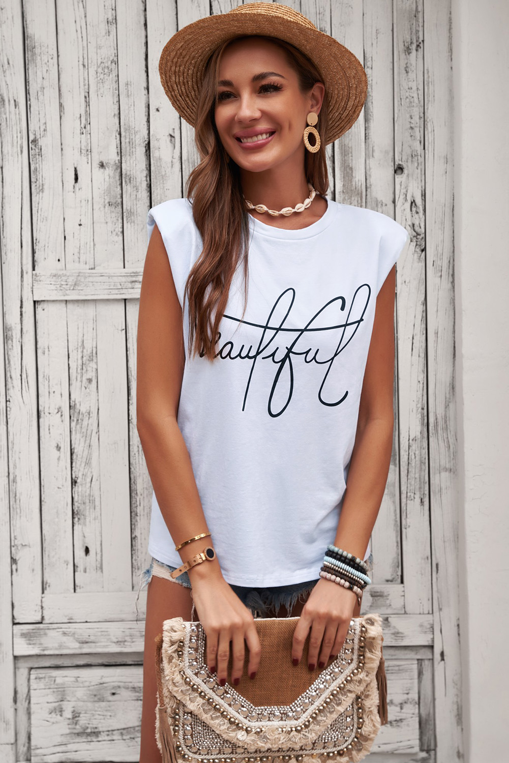 White Padded Shoulder Letter Print Tank Top