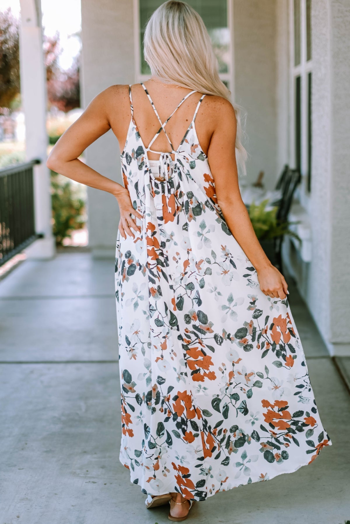 White Floral Print Spaghetti Straps Maxi Dress
