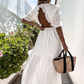 White Lace Crochet Open Back Ruffled High Waist Maxi Dress