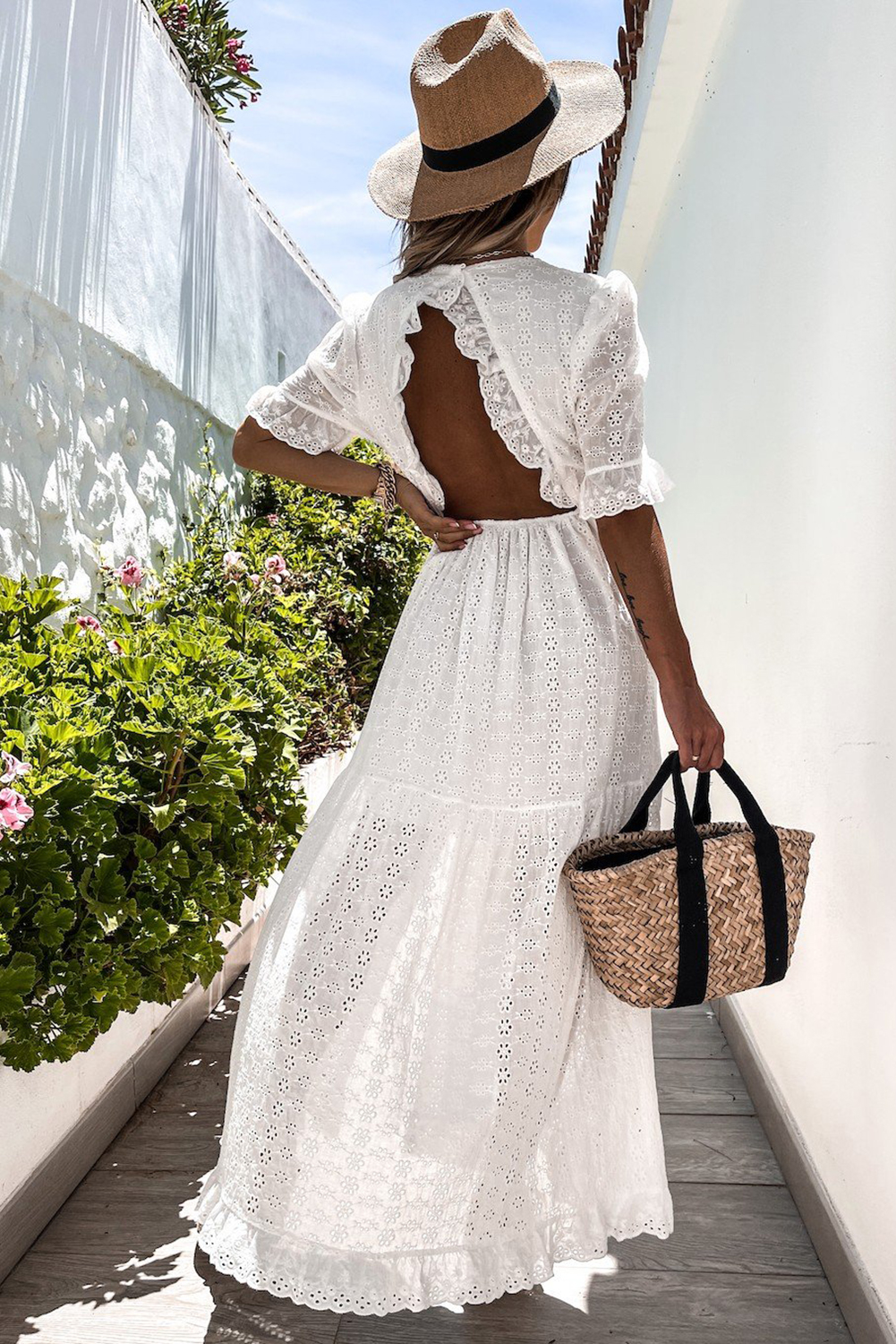 White Lace Crochet Open Back Ruffled High Waist Maxi Dress