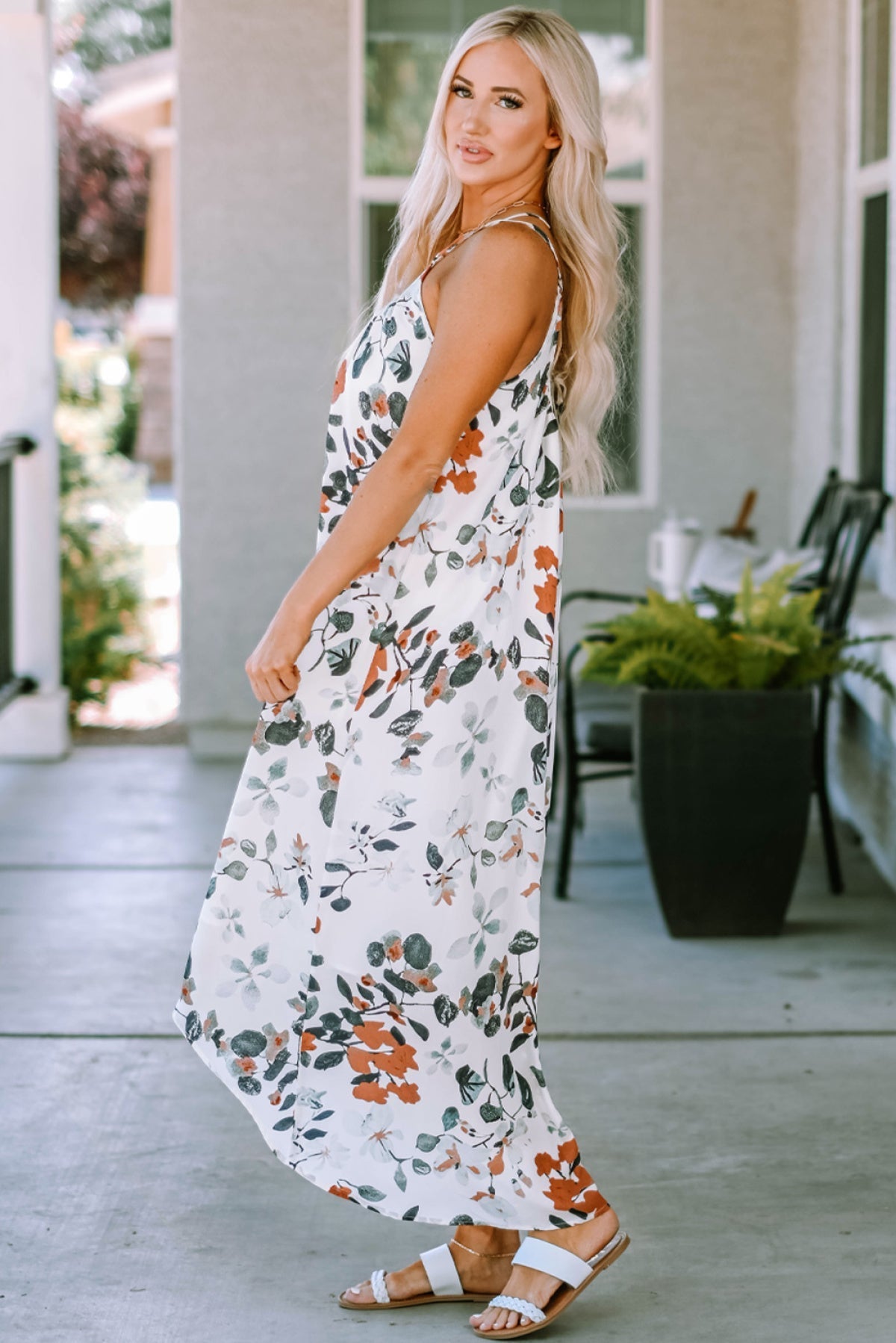 White Floral Print Spaghetti Straps Maxi Dress