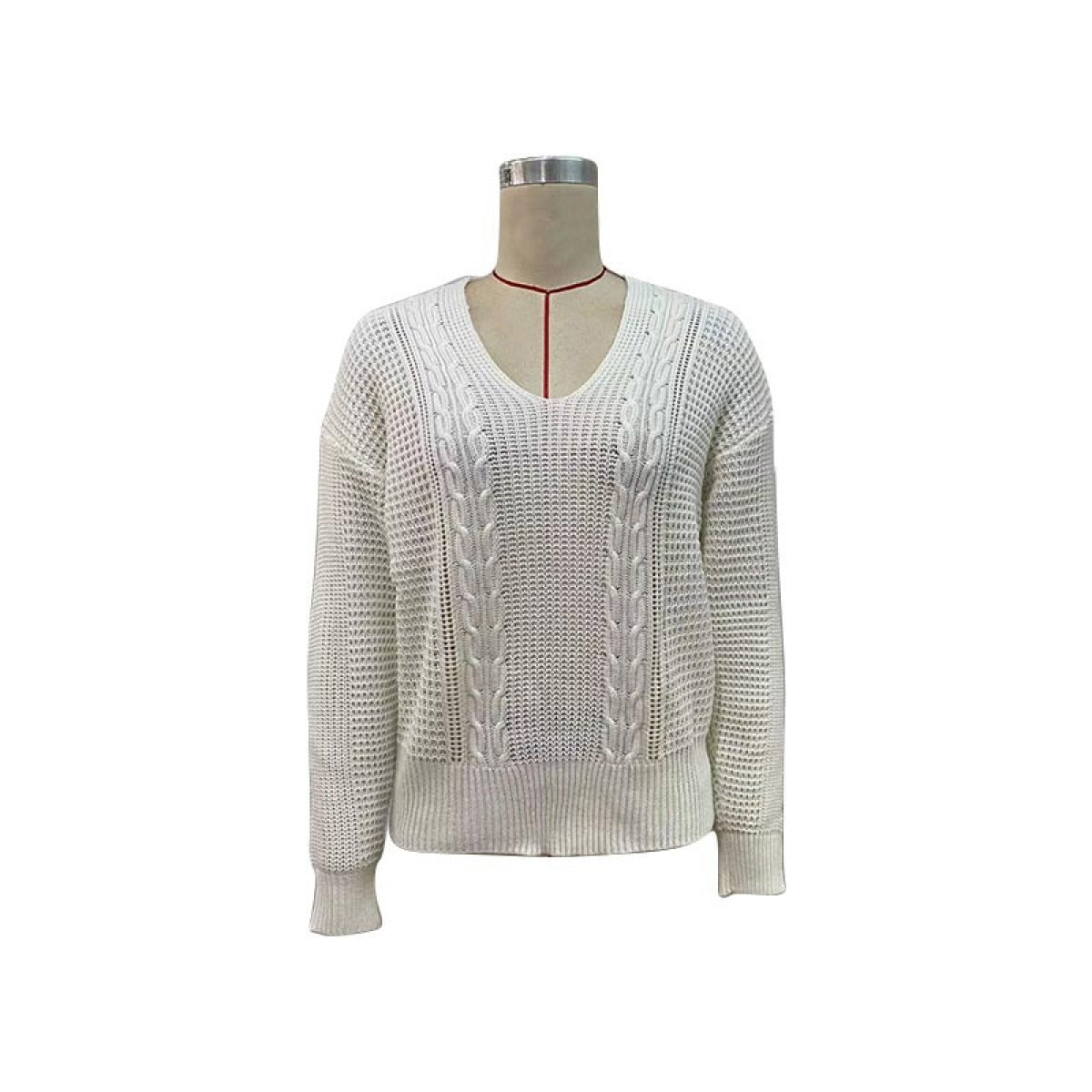 V-Neck Long Sleeve Solid Cable Knit Sweater