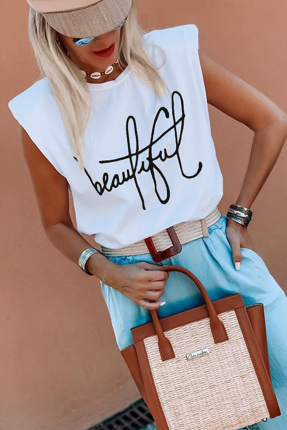 White Padded Shoulder Letter Print Tank Top