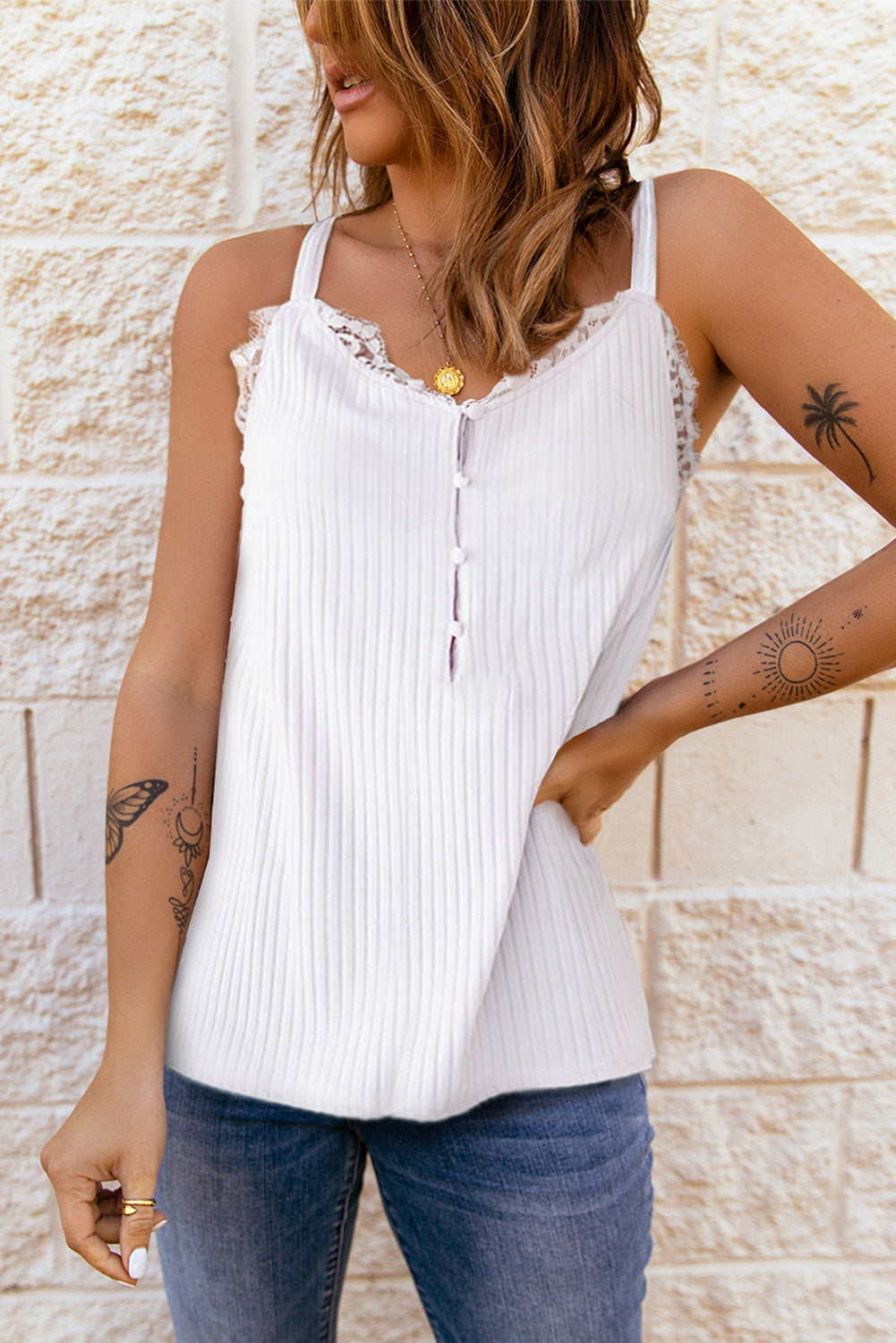 White Ribbed Lace Trim Racerback Tank