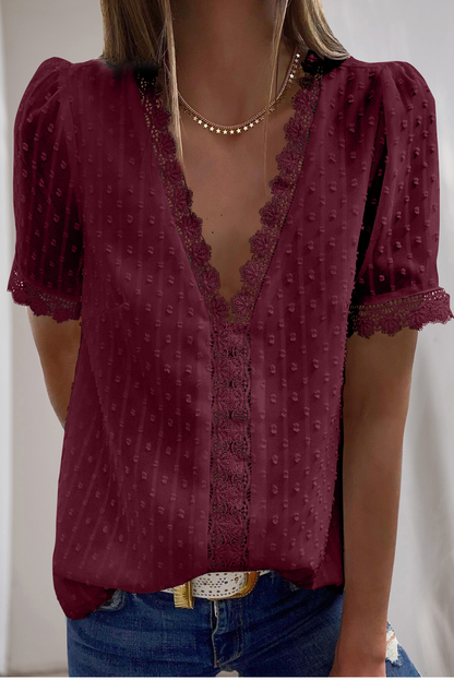 Wine Red Lace Splicing V-Neck Swiss Dot Short Sleeve Top