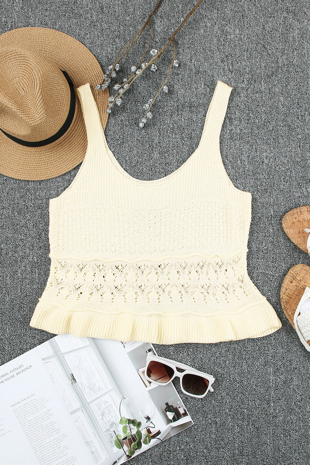 White Crochet Knit Tank With Ruffle