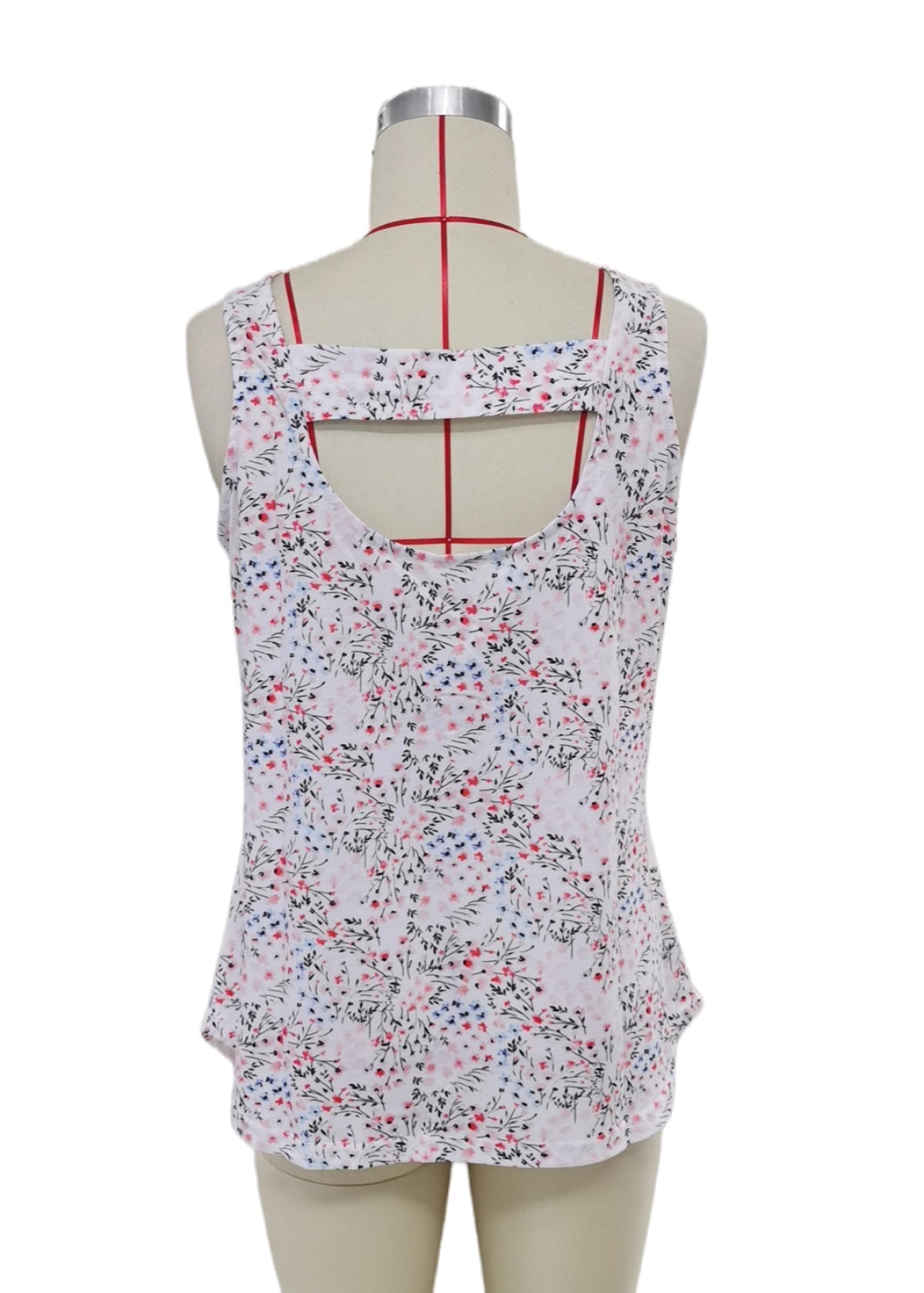White Floral Print Cut-Out U Neck Tank Top