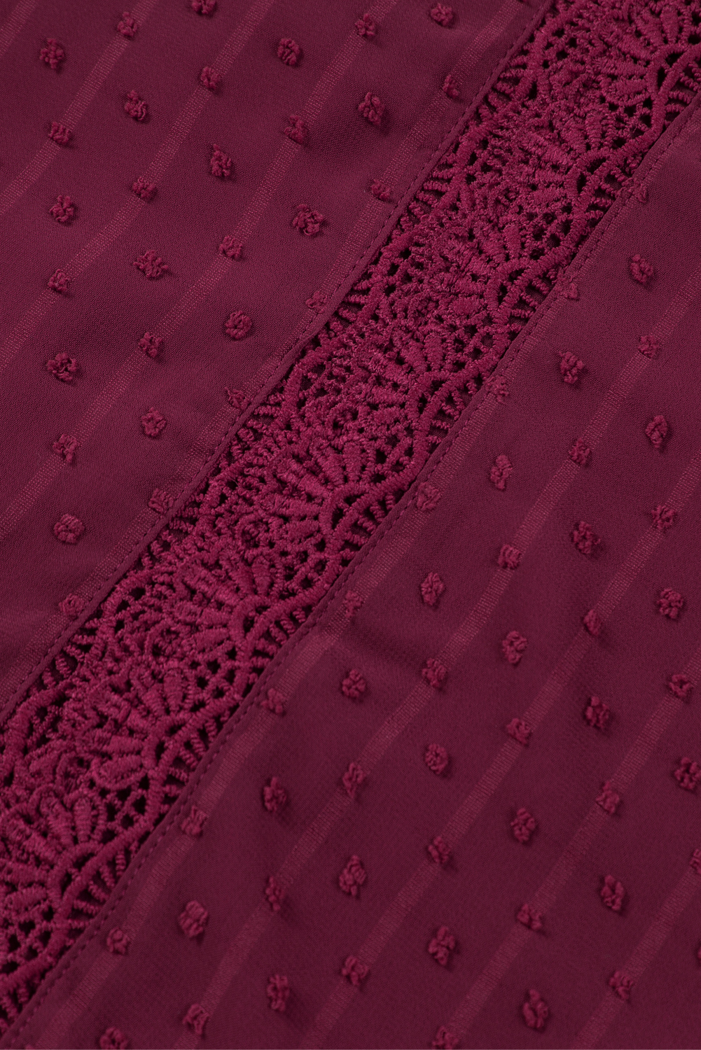 Wine Red Lace Splicing V-Neck Swiss Dot Short Sleeve Top