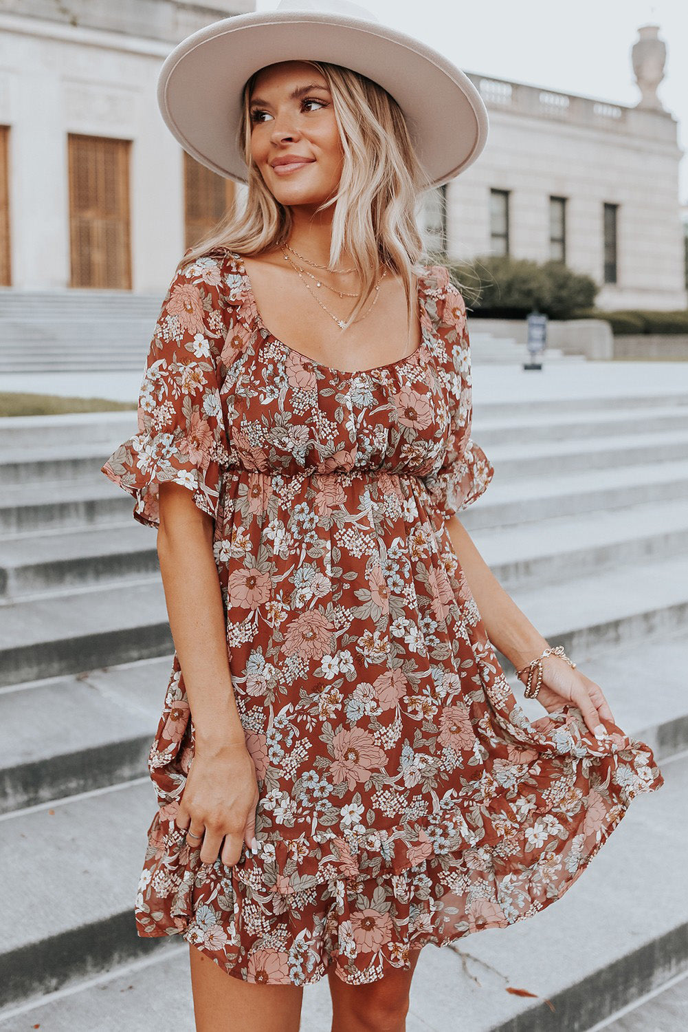 Square Neck Puff Sleeve Floral Mini Dress