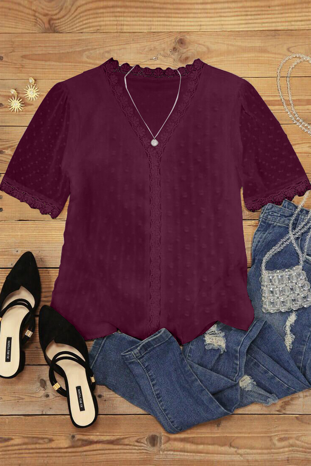 Wine Red Lace Splicing V-Neck Swiss Dot Short Sleeve Top