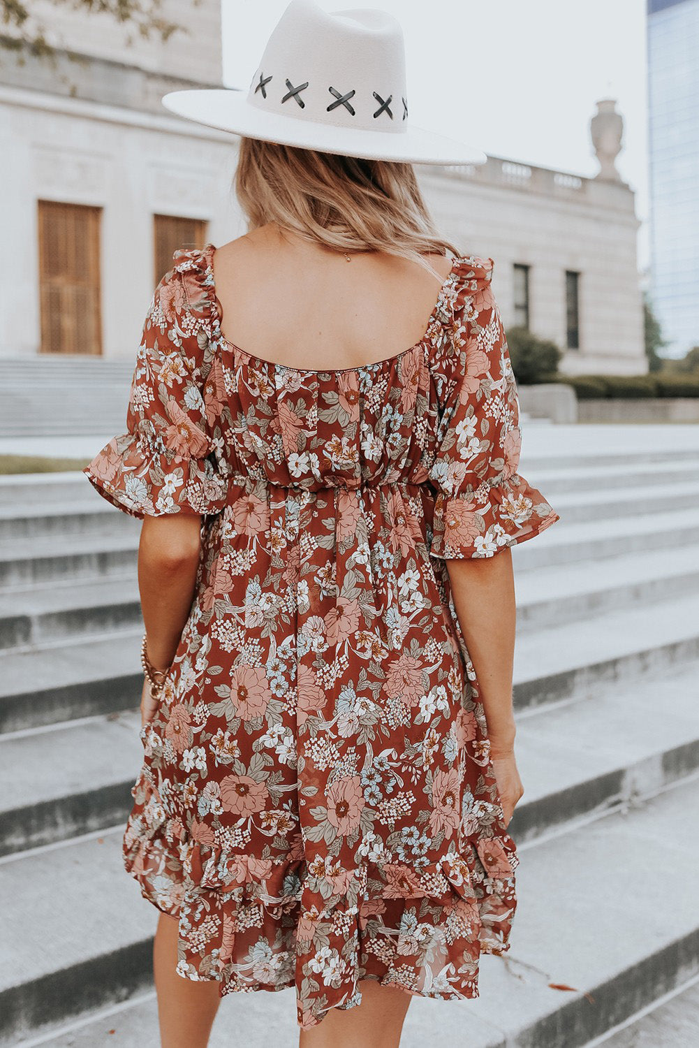 Square Neck Puff Sleeve Floral Mini Dress