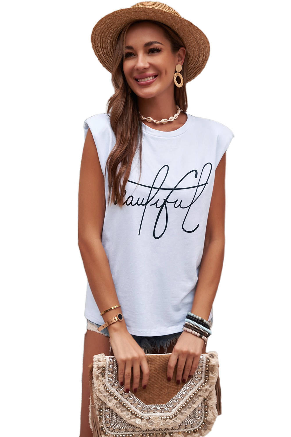 White Padded Shoulder Letter Print Tank Top