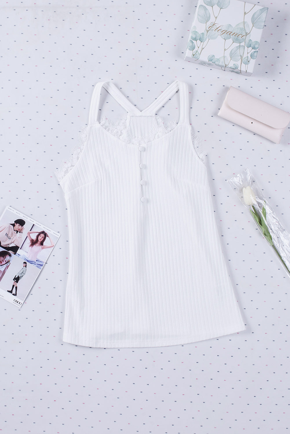 White Ribbed Lace Trim Racerback Tank