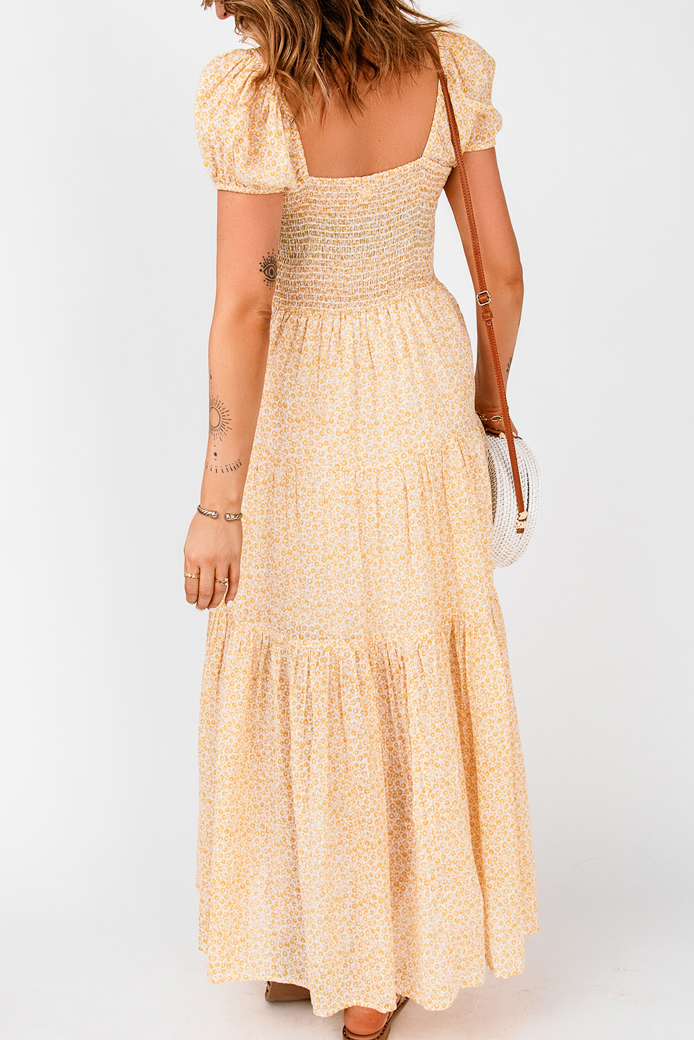 Yellow Puff Short Sleeve Floral Maxi Dress