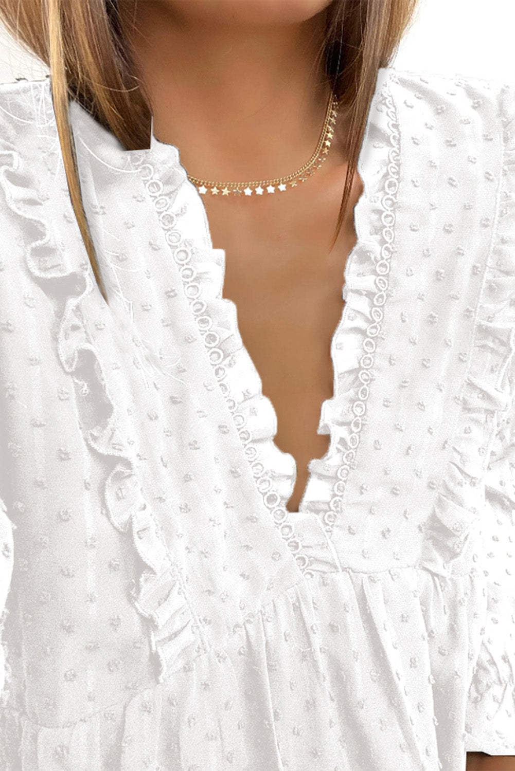 Swiss Dot Ruffle V Neck Mini Dress