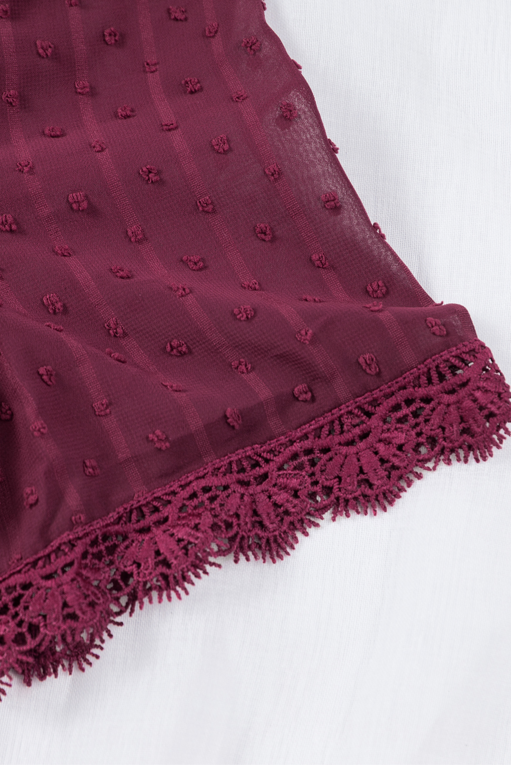 Wine Red Lace Splicing V-Neck Swiss Dot Short Sleeve Top