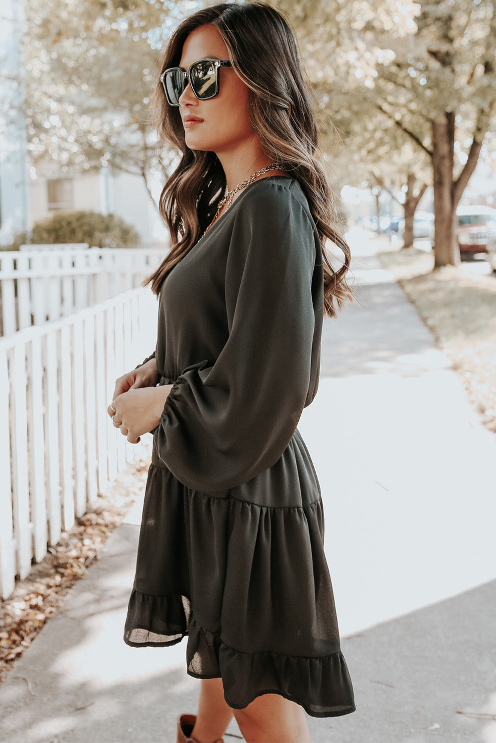 Tiered Ruffle Balloon Sleeve Mini Dress