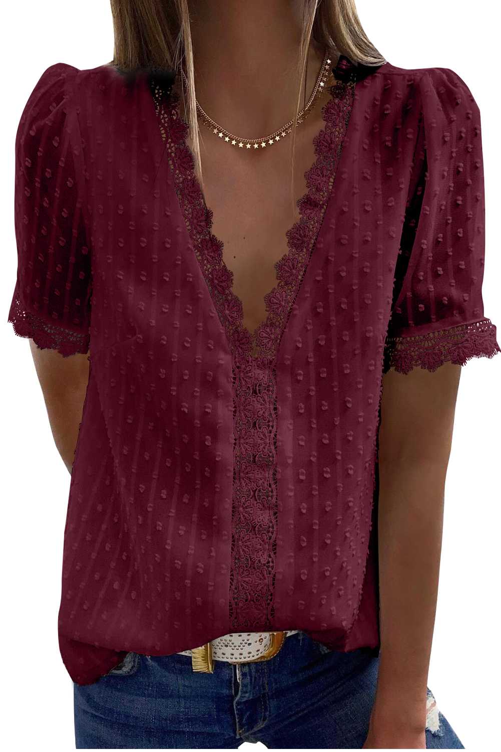 Wine Red Lace Splicing V-Neck Swiss Dot Short Sleeve Top