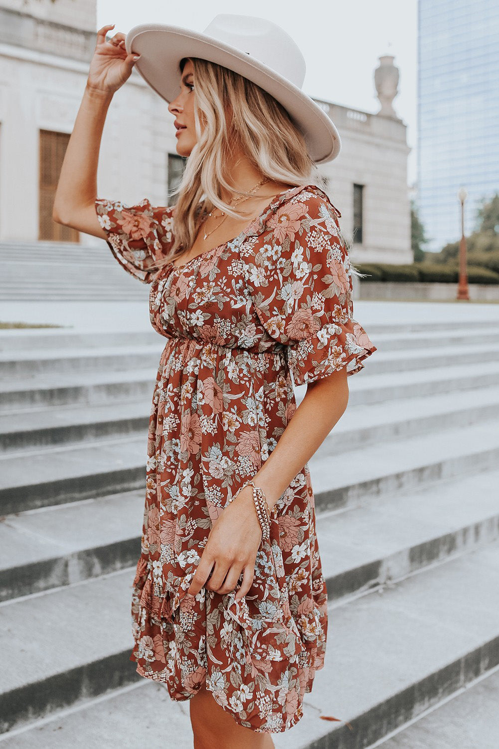 Square Neck Puff Sleeve Floral Mini Dress
