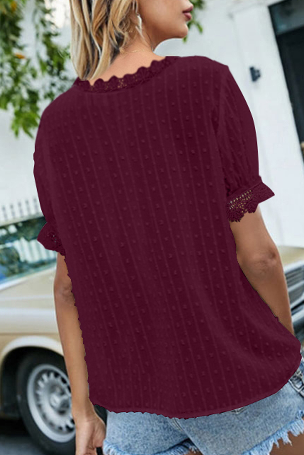 Wine Red Lace Splicing V-Neck Swiss Dot Short Sleeve Top