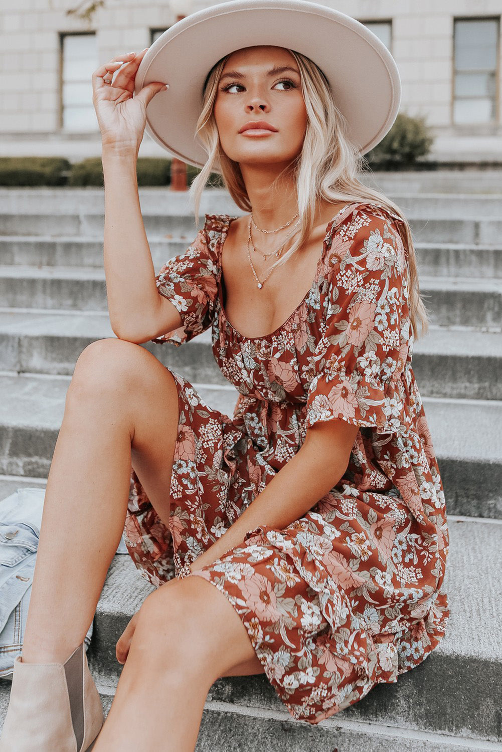 Square Neck Puff Sleeve Floral Mini Dress