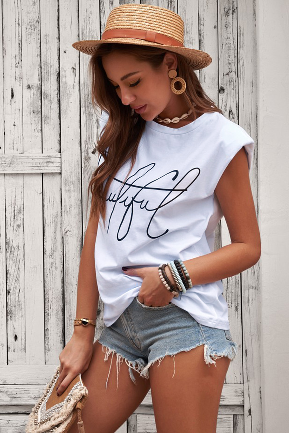 White Padded Shoulder Letter Print Tank Top