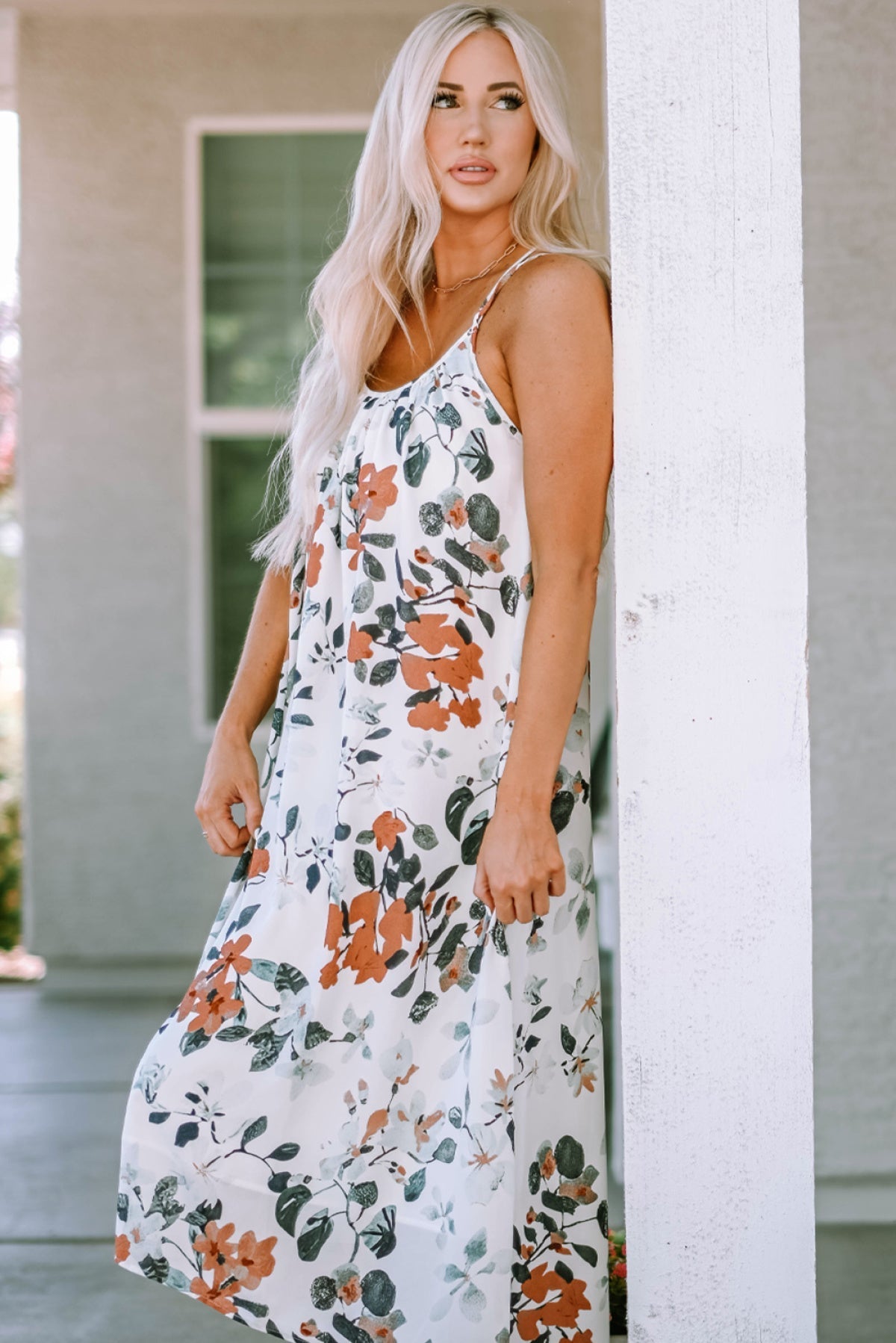 White Floral Print Spaghetti Straps Maxi Dress