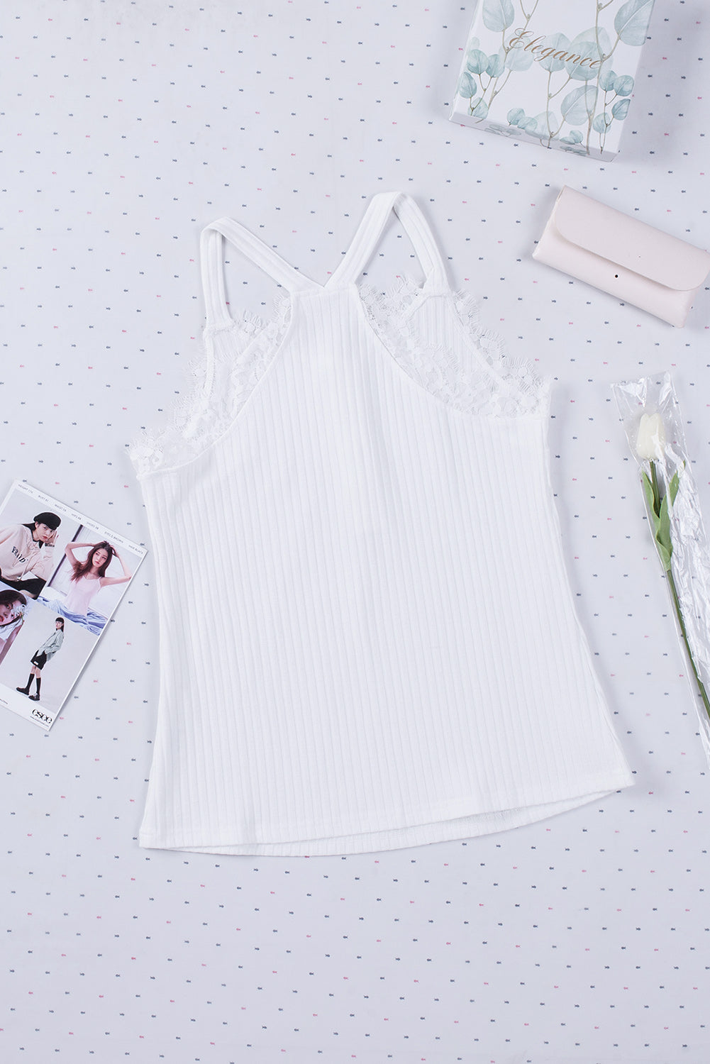 White Ribbed Lace Trim Racerback Tank