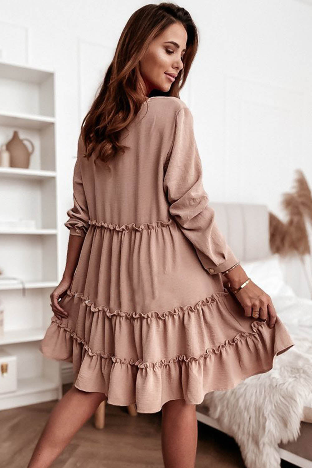 V Neck Frilled Tiered Flowy Mini Dress