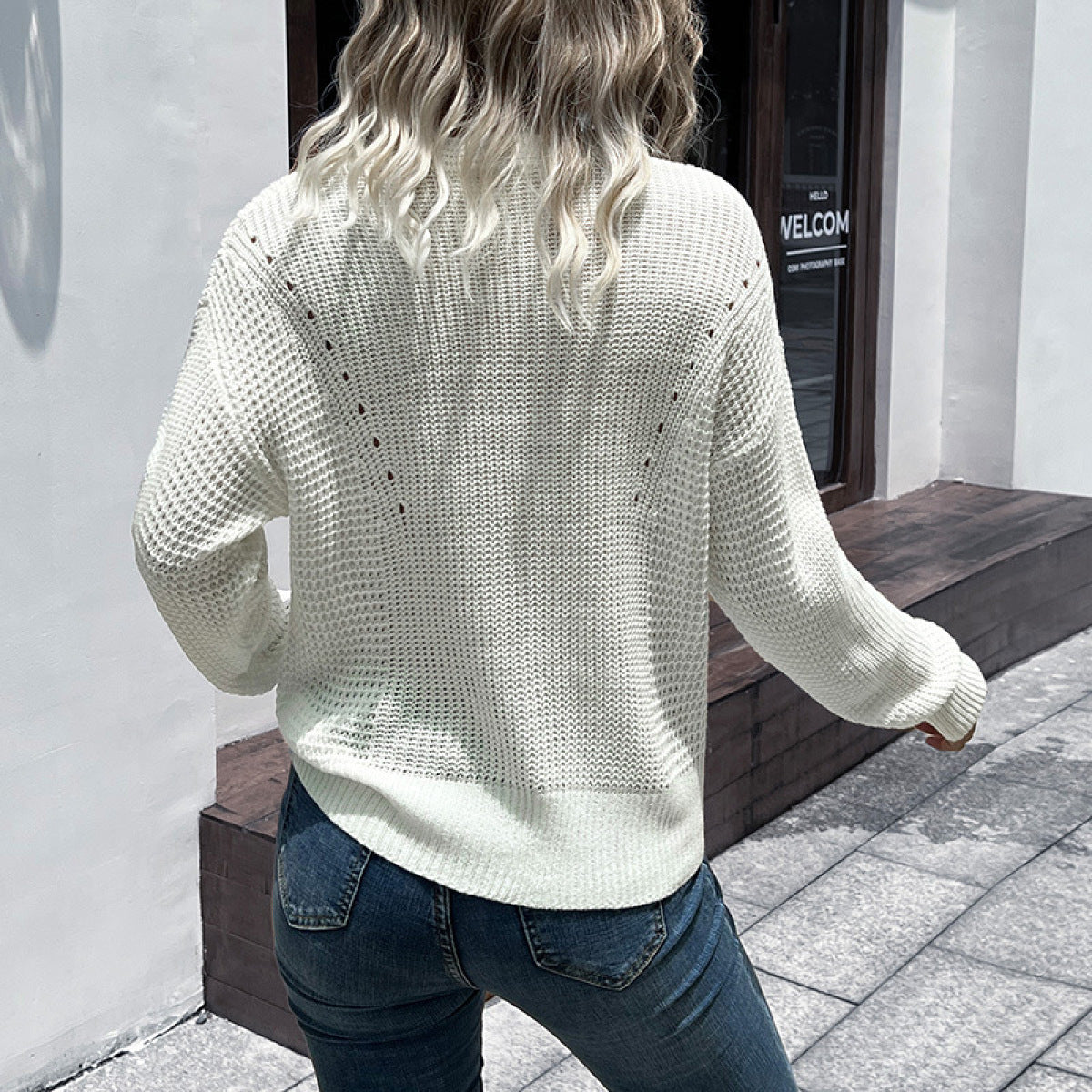 V-Neck Long Sleeve Solid Cable Knit Sweater