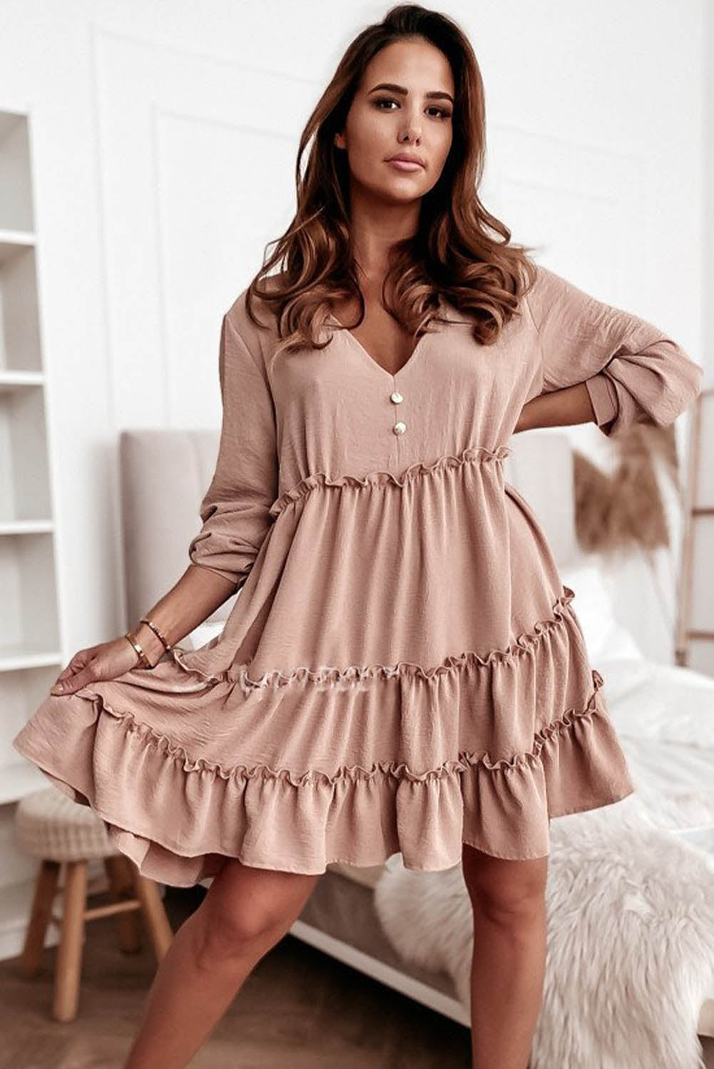 V Neck Frilled Tiered Flowy Mini Dress