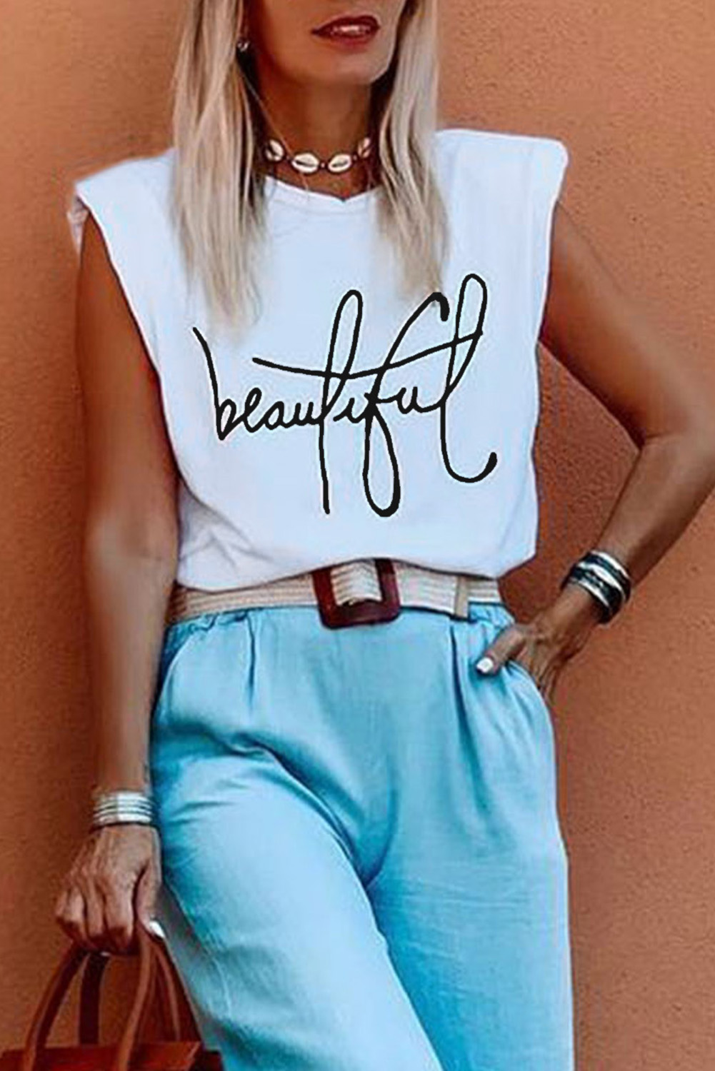 White Padded Shoulder Letter Print Tank Top