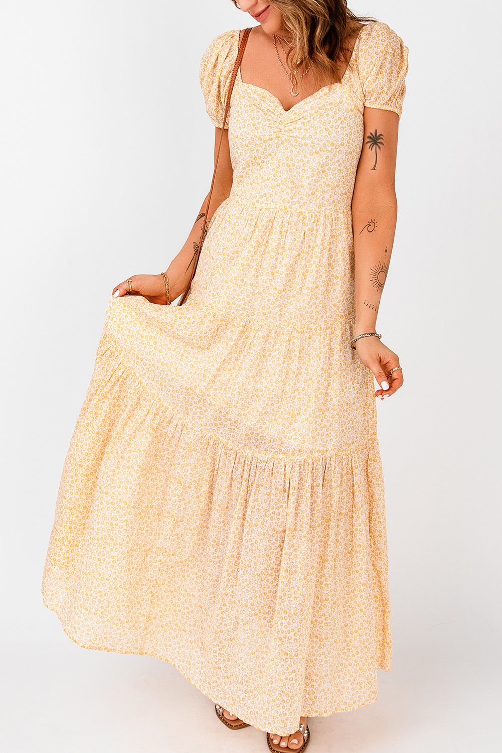 Yellow Puff Short Sleeve Floral Maxi Dress
