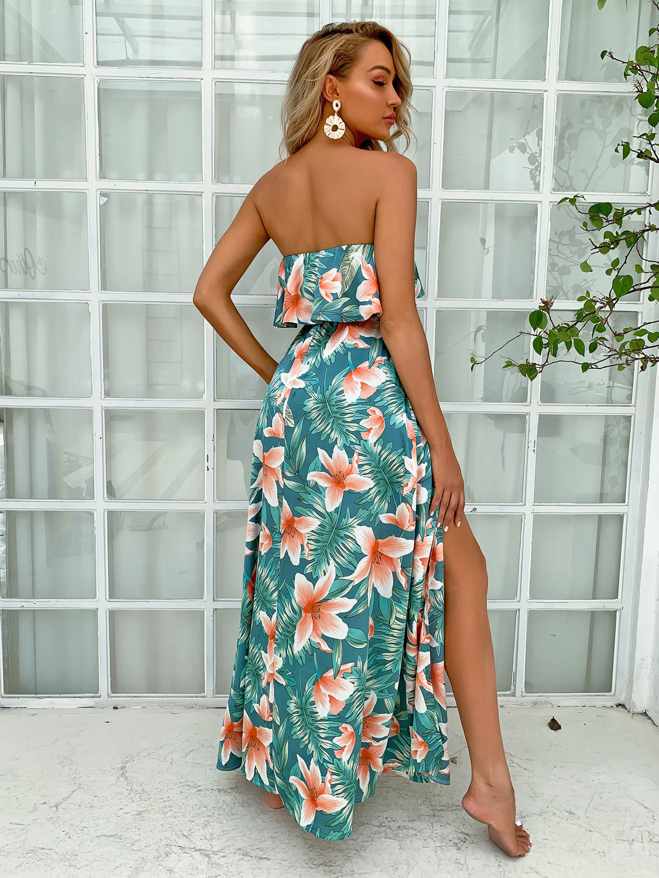 Tie Waist Split Thigh Tropical Print Dress