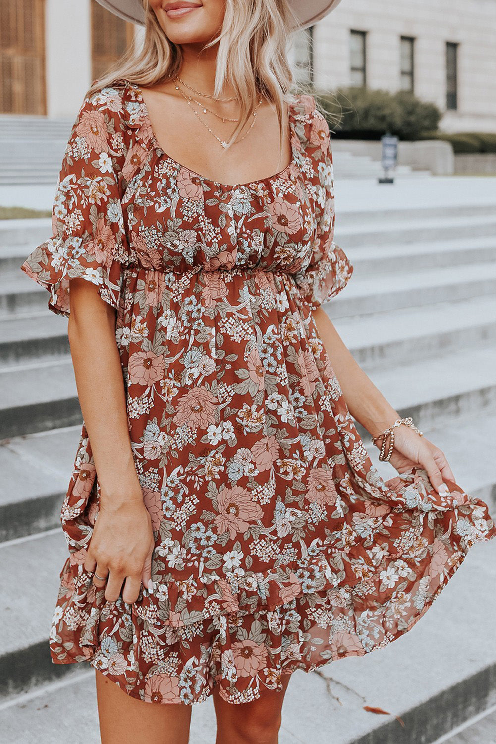 Square Neck Puff Sleeve Floral Mini Dress