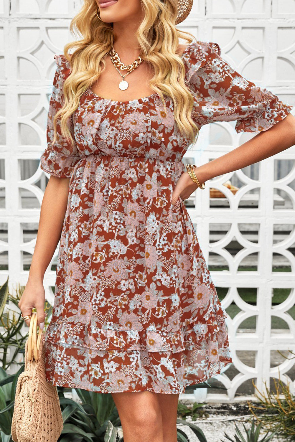 Square Neck Puff Sleeve Floral Mini Dress