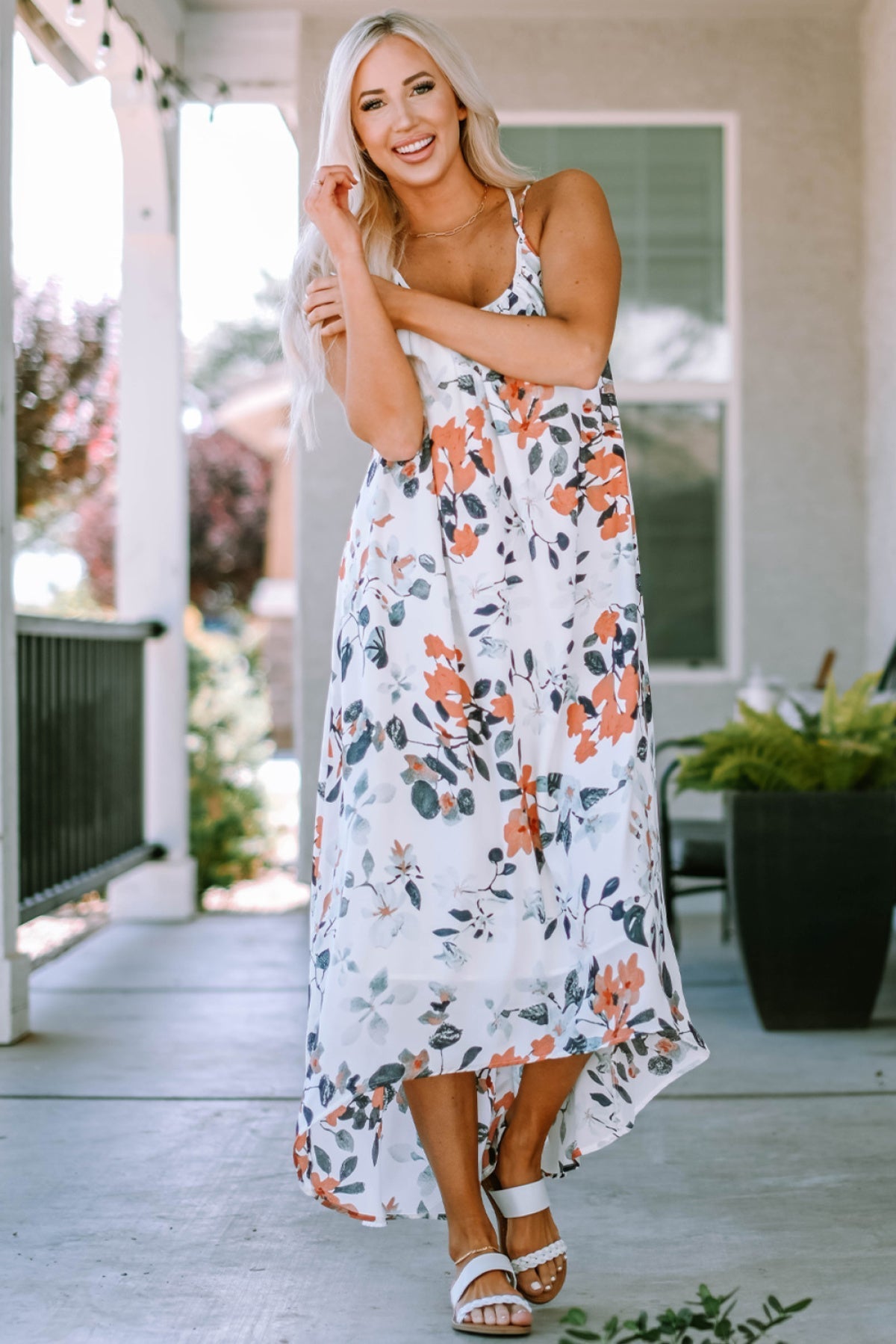 White Floral Print Spaghetti Straps Maxi Dress