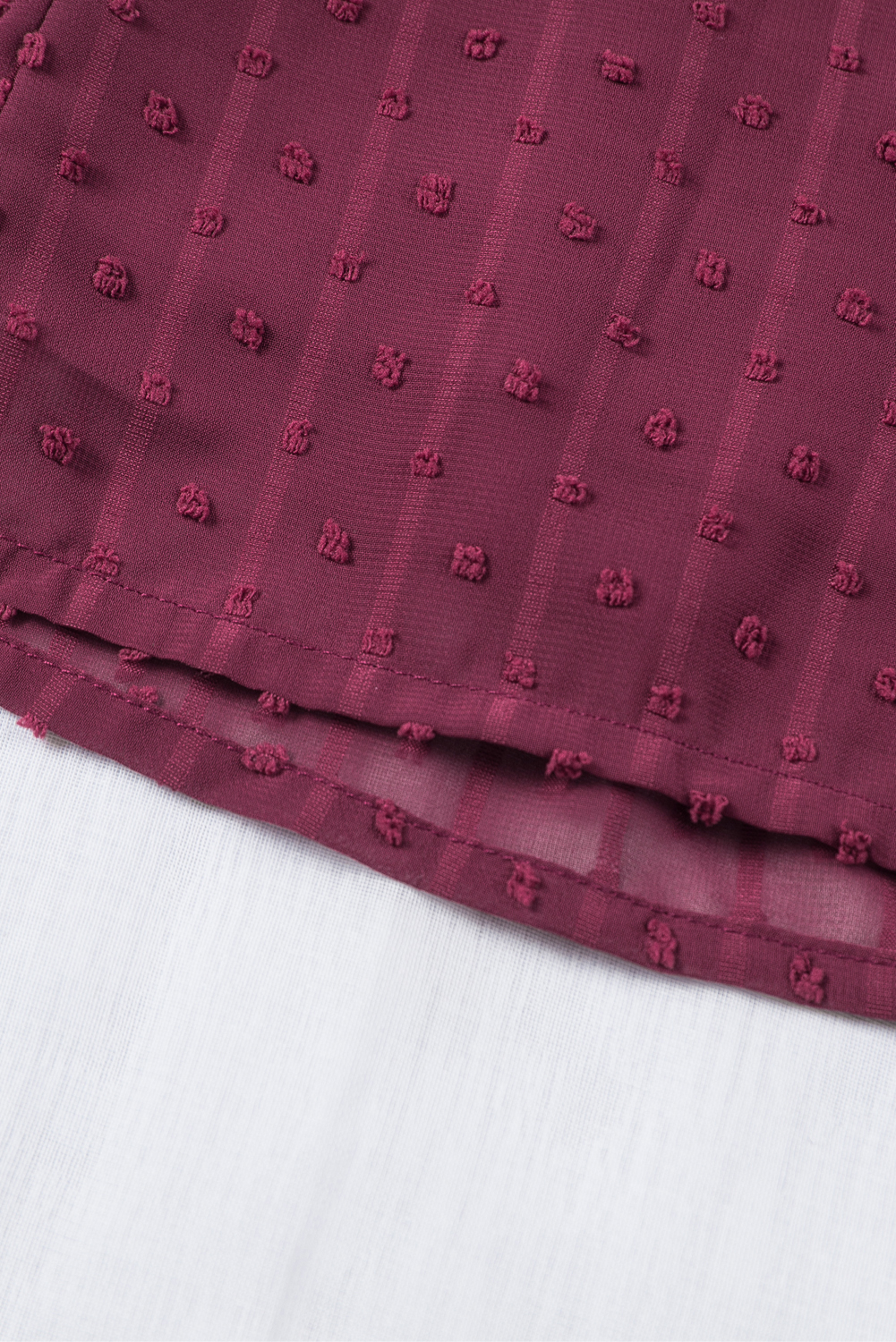 Wine Red Lace Splicing V-Neck Swiss Dot Short Sleeve Top