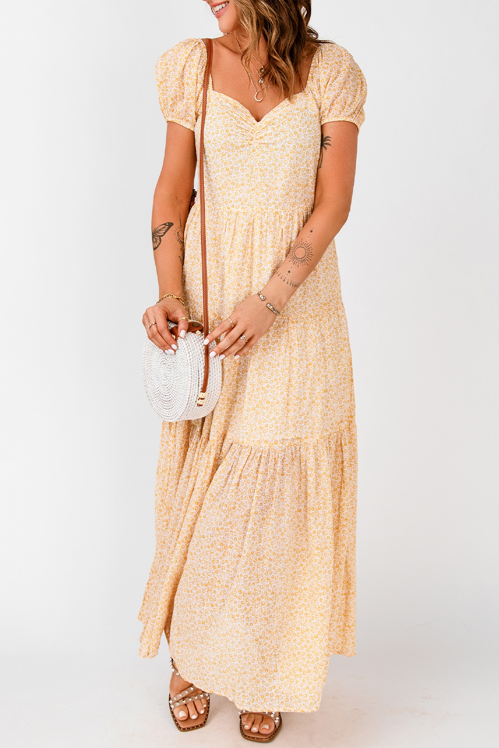 Yellow Puff Short Sleeve Floral Maxi Dress